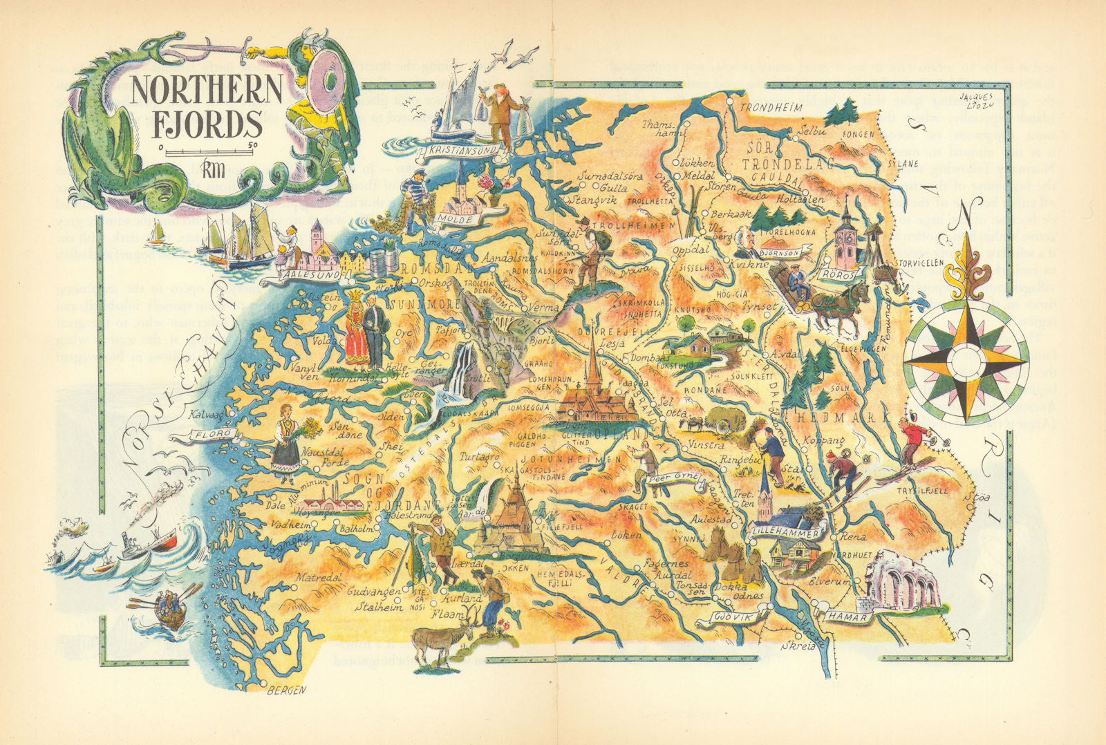 Northern Fjords small pictorial map by Jacques Liozu. Norway 1952 old